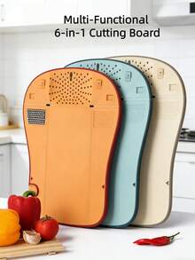 6-In-1 Multifunctional Cutting Board, Kitchen Chopping Board, Vegetable Cutting Board, Mother's Day Gift, Functions Include: Garlic Grater, Ginger Grater, Knife Sharpener, Cutting Board, Strainer Basket, Serving Tray, Plastic Kitchen Cutting Board, Kitchen Accessories, Housewarming Gift - Multicolor - View 1
