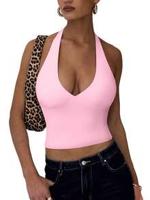 OMKAGI  Women's V-Neck Collarless Short-Sleeved Tank Top Y2K  Streetwear Style Top See-Through Top With Exposed Neckline - 粉色 - 查看 6