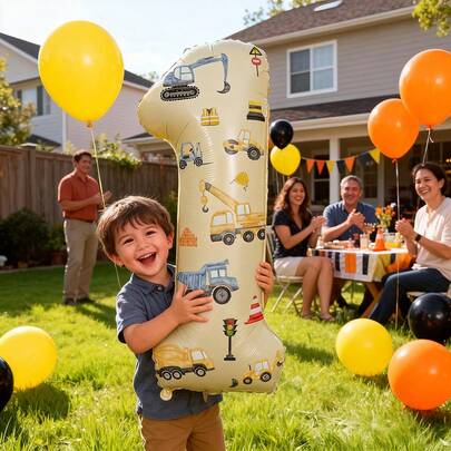 3 piezas Pegatinas de elementos de construcción DIY, globos de aluminio numéricos en color blanco crema con pegatinas (autoadhesivas), números del 1 al 5 disponibles, adecuados para decoración de fiesta de cumpleaños con tema de construcción, aniversario, accesorios fotográficos, fondo de fiesta