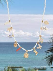 1 chiếc vòng cổ mặt dây chuyền hình sao biển, ngọc trai giả kiểu Baroque, rùa biển, vỏ sò, dành cho nữ - Vàng - Xem 1