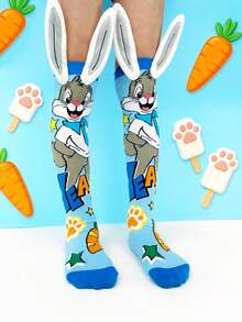 1 par de calcetines sobre la rodilla para niños, calcetines infantiles, calcetines locos, calcetines divertidos, con diseño de conejo lindo y decoración de orejas 3D. Adecuado para todas las estaciones, regalo perfecto para el Día Loco, fiestas infantiles, San Valentín, Pascua, vacaciones, actividades al aire libre y uso diario. - Celeste - Ver 5