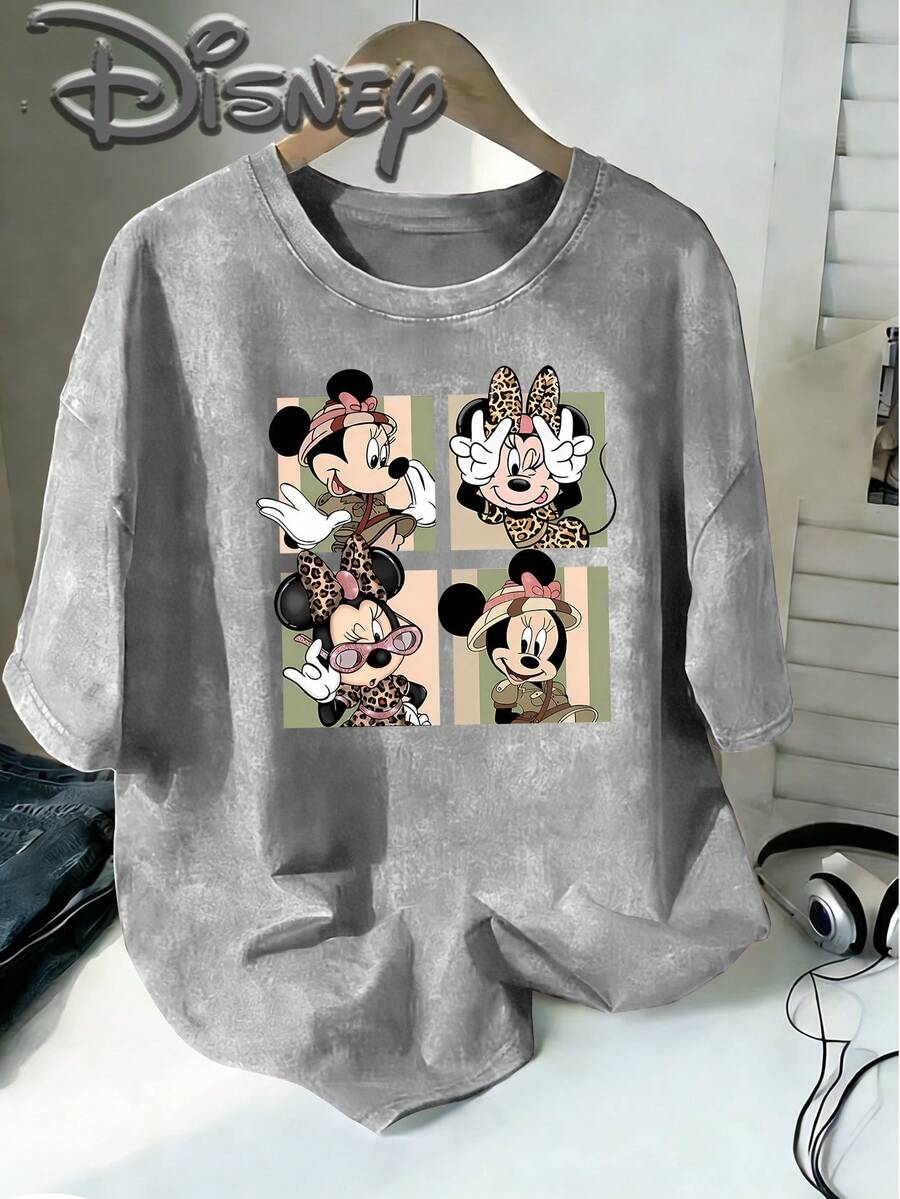 Disney Minnie Mouse Adventure Wind Leopard Print Wind Four Squares Cute Expression Creative Printing Design Sense Oversized Fashion Old T-Shirt 2026 Spring And Summer Round Neck T-Shirt Style Retro Fashion Lovers Popular Style Old Round Neck T-Shirt. - Xám - Xem 1