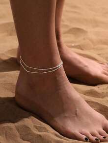 1pc Stainless Steel Double-Layered Stacked Anklet, Bohemian Beach Style Foot Chain, Women Valentine's Day Accessories - 金子 - 查看 11