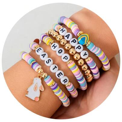 时尚复活节黑色串珠手链，聚合物粘土弹性手链，男女皆宜，精致的复活节兔子和彩蛋手链，适合派对佩戴