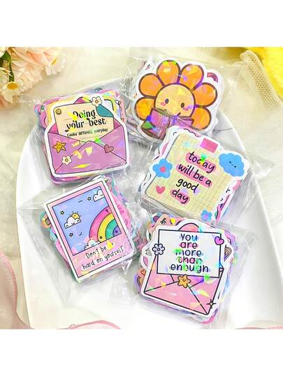 50pcs Holographic Laser Broken Glass Asymmetrical Shape Stickers - Positive Motivational Words Glitter Stickers, Suitable For Laptop Decoration, Phone Decoration, E-Book Accessories, Reader Gifts, Fun Design, Reflective Stickers