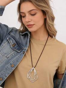 1 chiếc vòng cổ dài tối giản thời trang dành cho nữ, mặt dây chuyền hợp kim kẽm hình tròn bất đối xứng 7 lớp - Nhẫn hình học bạc - Xem 3