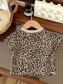 1pc Girls Chic Leopard Print Round Neck Short Sleeve Top, Girls T-Shirt - Apricot - View 2