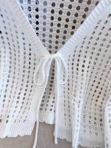 Women's Lightweight Knit Cardigan, Summer Sexy Casual Design Lace-Up Cropped Hollow Out Blouse - White - View 8