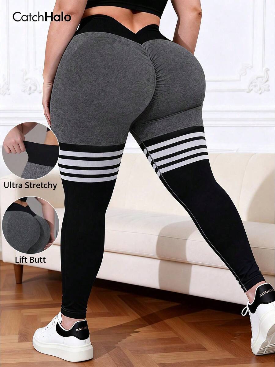 Plus Size High Waist Seamless Leggings, Striped Print, Full Length, High Elasticity Yoga Pants