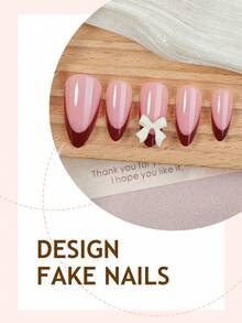 24pcs Medium Almond Shaped French Bow Acrylic False Nails Set, DIY 3D Red Art Design, Suitable For Nail Salons, Daily Wear And Women's Holiday Party Gifts - Multicolor - View 3
