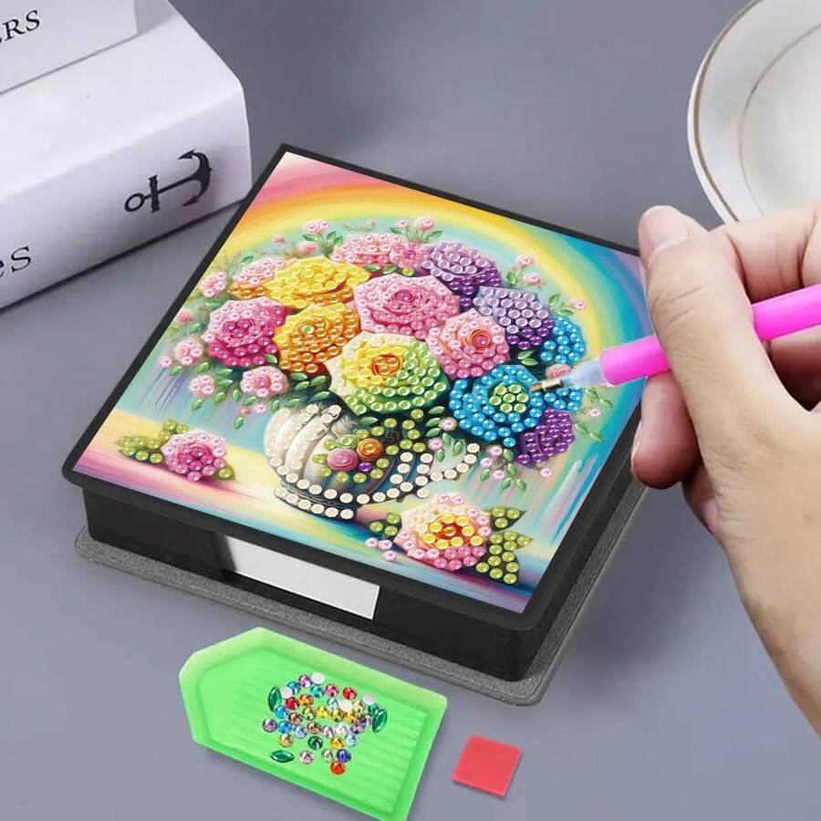 1pc DIY Diamond Art Rainbow Flower Vase Pattern, Irregular Rhinestone Mosaic Painting On Black Faux Leather Self-Adhesive Memo Pad Box With 160 Sheets, Ideal For Home Office And School Supplies, Craft, Cute Stationery, Holiday Gift - View 1