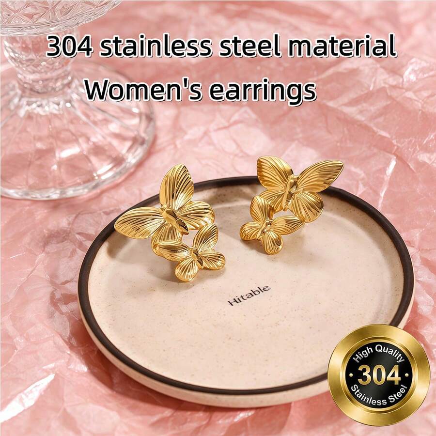 1对/2件 - 优雅蝴蝶女士金色耳环，14K镀金不锈钢夸张耳环 - 创意几何不规则纹理时尚饰品，优雅蝴蝶耳环，适合日常佩戴、派对、生日宴会等场合 - 金色 - 查看 1