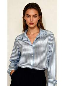 Steve Store Women's Fashion Striped Long-Sleeved Button-Down Shirt, Elegant And . - azul 02 - 查看 3