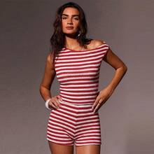 Summer European American Style Striped Knitted Top & Hot Shorts Two Piece Set, Rui Chuo Casual Slim Fit Soft Comfortable Daily Streetwear Vacation Beach Fashion Women Outfit - 軍綠色 - 查看 6