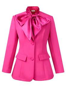 Plus Size Women Fuchsia Long Sleeve Tailored Blazer With Plus Size Satin Bow Elegant Office Suit Jacket For Business Party Evening Formal Event - Màu Hồng Tươi - Xem 6