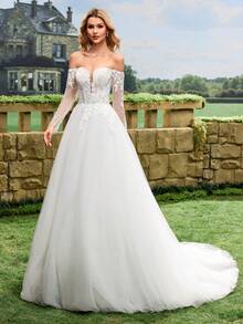 Đầm cưới trắng voan mỏng thêu họa tiết, hở vai, không dây vai, tay dài, thích hợp cho lễ cưới, lễ cưới nhà thờ, tiệc chiêu đãi và các dịp khác. - trắng - Xem 10