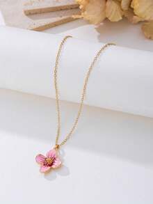 1pc Vintage French Elegant Handmade Enamel Gradient Pink 4-Petal Flower Pendant Necklace For Women - Pink - View 2