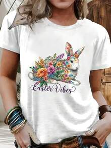 Camiseta De Manga Corta Para Mujer Con Estampado De Huevos De Pascua Y Pollitos - Blusa Casual De Cuello Redondo Para Primavera Verano Para Atuendo Casual, Top De Manga Corta Lavable A Máquina - En Stock (corte Regular) 670223 - [Blanco] - Ver 3