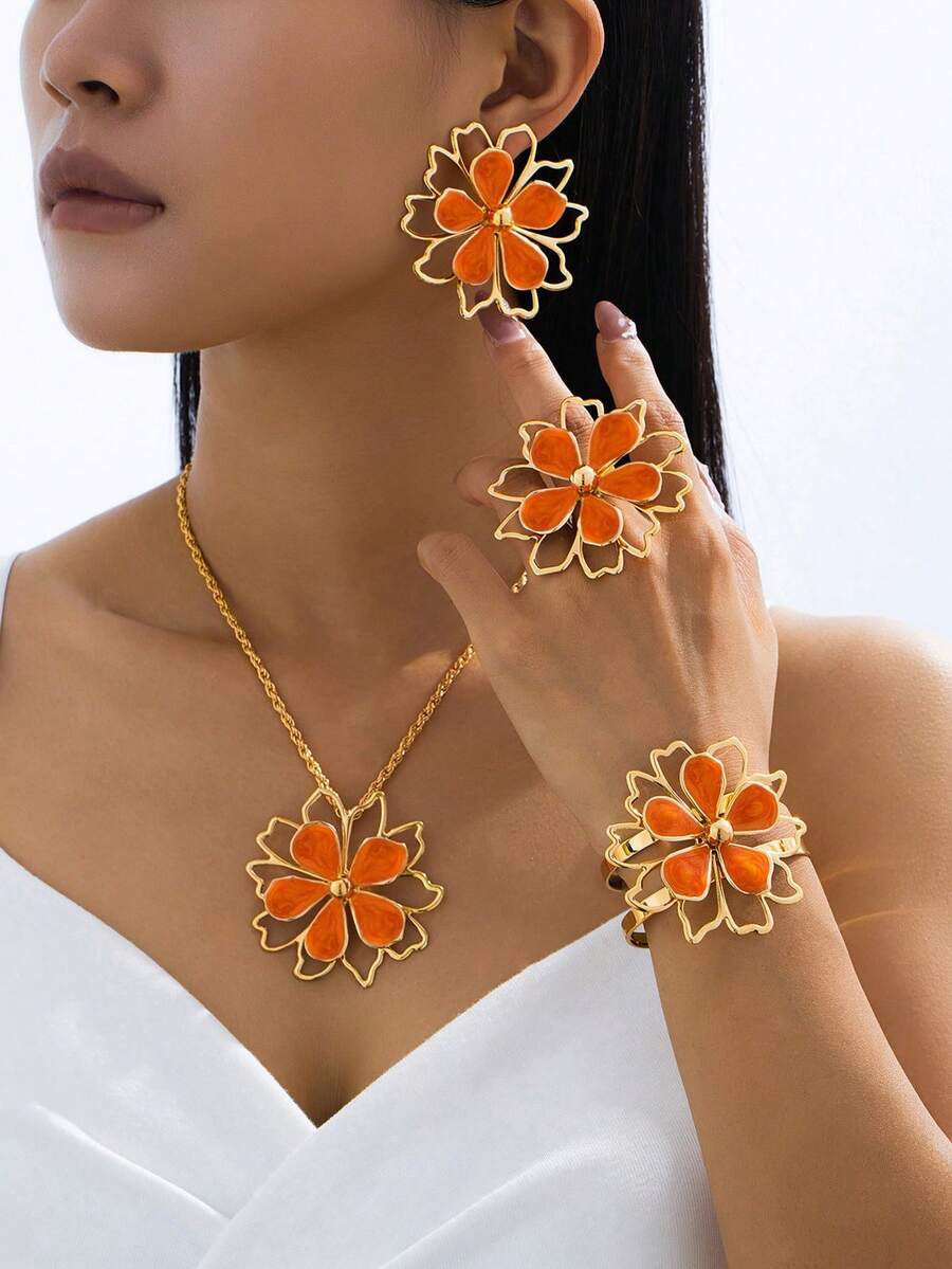 Bộ 5 món thời trang nữ kiểu dáng cổ điển phóng khoáng, họa tiết giọt dầu và hoa, gồm dây chuyền, bông tai, vòng tay và nhẫn, thích hợp cho tiệc tùng, dạ hội và mặc hàng ngày. - trái cam - Xem 1