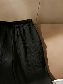 1pc Solid Color Polyester Drawstring Pocket Pants, Suitable For Vacation And Daily Wear, Spring/Autumn Black - Black - View 3