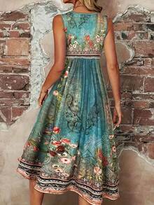 Spring/Summer New Women Sleeveless Round Neck Mid-Length Lightweight Floral Print Vintage Dress Elegant Vacation - Green - View 5