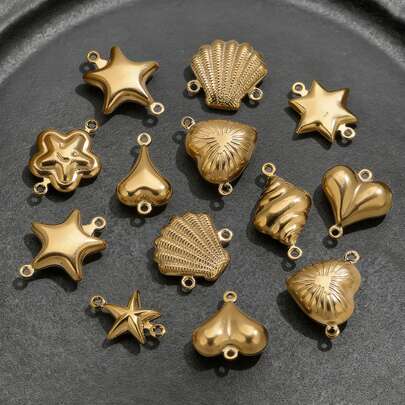 20 Pcs 18K Gold Plated Stainless Steel Pendants, Hollow Double‑Hole Retro Vacation Style Charms (Heart, Star, Shell, Etc.) For DIY Jewelry, Bracelets, Necklaces And Waist Chains Making