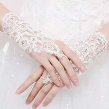 2pcs/Set White Short Rhinestone Lace Fingerless Gloves, Bridal Embroidered Lace Gloves, Elegant Accessory For Wedding Dress, Suitable For Wedding, Banquet, Party, Performance, Birthday, Holiday Events,Summer,Beach - Multicolor - View 9