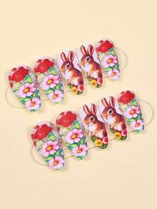 24pcs Medium Square Fake Nails With Rabbit & Flower Pattern, Pink Nail Art Stickers, Suitable For Women, Easter Themed - Multicolor - View 2