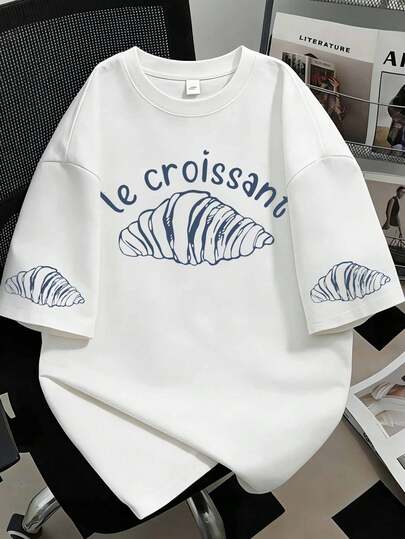 Summer Women's Loose T-Shirt, Croissant Print,Graphic T-Shirt,Chinese New Year, Lunar New Year, Year Of The Year Of The Horse, Spring Festival,Happy New Year , Valentine's Day, Valentine's Gift, Valentine's Day Gift For Her, Valentine's Present