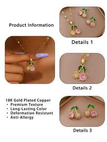 一套不锈钢粉色樱桃项链和耳环，全镶钻奢华微镶嵌个性化宴会珠宝礼品 - 彩色 - 查看 10