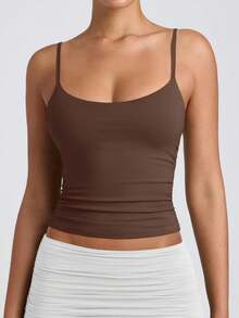 Women's Basic Double Lined Scoop Neck Tank Tops Adjustable Cami Tank Summer Sleeveless Tops - màu nâu cà phê - Xem 5