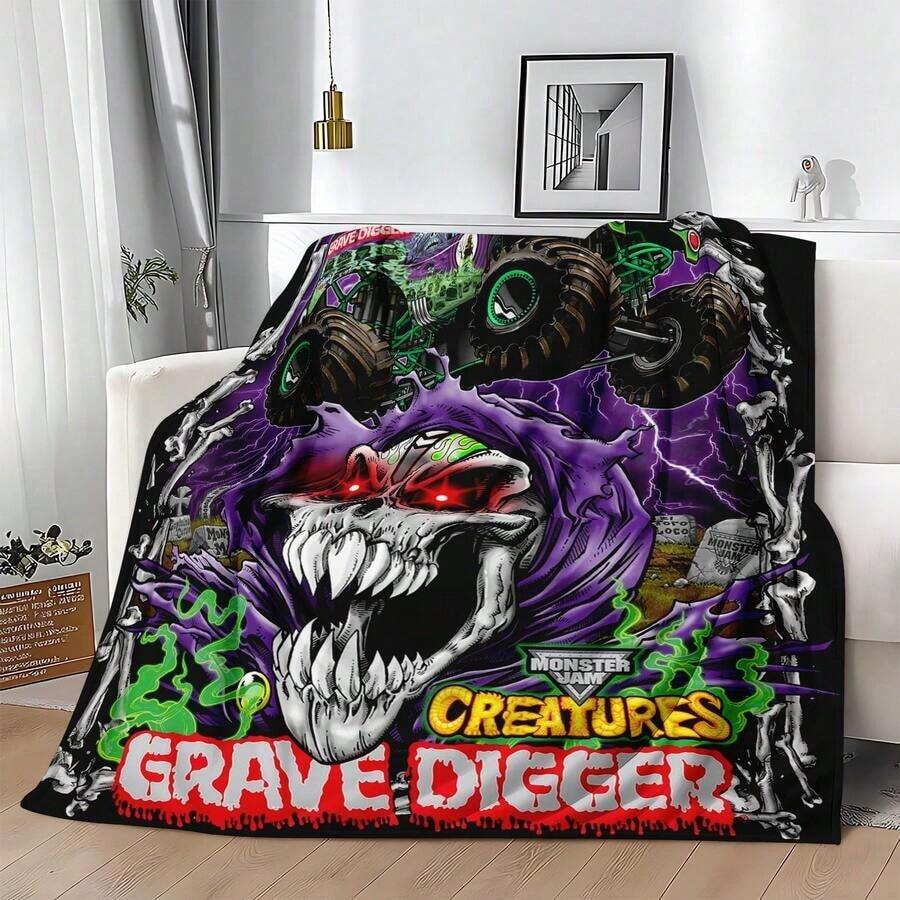 1PC 3D Monster Jam Monster Truck Cartoon Blanket, Edgy Gift For Motorsports Fans, Themed Man Cave Decor, Retro Sci-Fi Party Accent & Race Day Souvenir,Soft Throw Blanket For Home Bedroom Bed Sofa Picnic Travel Office Cover Blanket, Multiple Sizes 50x60 To 60x80 Inches - Nhiều màu 1 - Xem 1