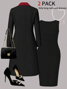 Autumn/Winter Plus Size Women's New Elegant 2 Pieces Set, Colorblock Long Sleeve Open Front Blazer Jacket + Versatile Slim Fit Midi Sleeveless Dress - Red and Black - View 4