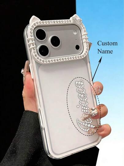 Ốp điện thoại hình tai mèo dễ thương đính đá lấp lánh, có thể tùy chỉnh tên, tương thích với iPhone 17 Pro Max, 17 Air, 17, 16, 15, 14, 13 Pro Max, chống sốc, bảo vệ toàn diện, quà tặng sinh nhật.