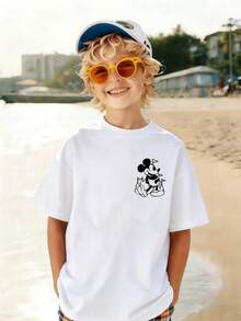 Disney Official License Magical Castle And Mickey Mouse Double Sided Graphic Boys Casual T Shirt Soft Breathable Perfect For Theme Park Visits And Daily Adventures - 白色 - 查看 4