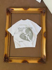 FRACTYR Men's Casual Street Style Loose Fit Heart Graphic Print Round Neck Short Sleeve T-Shirt, Summer - White - View 5