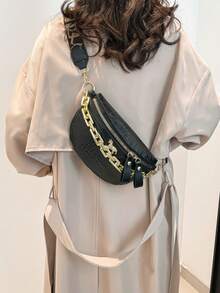 Women Fashion Fanny Pack Shoulder Bags Thick Metal Chain Waist Bags Crocodile Pattern Chest Bags - Black - View 6