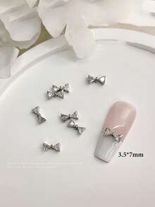10pcs New Mini French Bow Zirconia Nail Art Decorations, Ultra Shiny 3D Silver Bow Zirconia Nail Jewelry Nail Charms - White - View 10