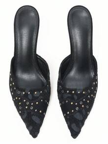 Sandalias de tacón de aguja con tachuelas y hebilla para mujer, con punta puntiaguda, sin cordones, para fiesta - Negro 2 - Ver 2