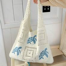 Beach Bags For Vacation,Tote Bags For Women,Ladies' Beach Tote Bag, Crochet Turtle Pattern Design, Shoulder Bags For Women,Bolso De Playa,Large Capacity Open Tote Bag, Crochet Bag,Suitable For Leisure Travel And Seaside Vacation, Beach Tote Bag, Duffle Bag Women,Beige Polyester Fiber Material, Travel Accessories, Bohemian Fashion, Weaving Texture, Essential For Vacation, Beach Bag, Crochet Art, Holiday Choice - 白色(深藍色圖案) - 查看 3