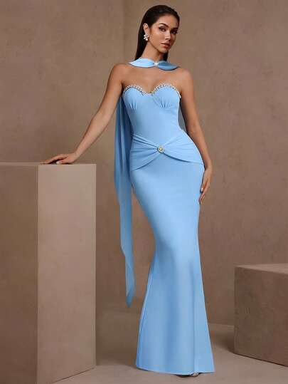 Solid Color Elegant Sexy Rhinestone Pleated Formal Evening Dresses For Party, Date Night, Gala