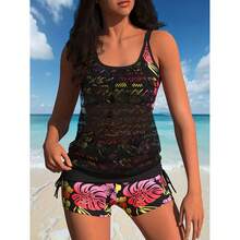 Black Mesh Floral Tankini Swimsuit, Tropical Print Boyshorts, Women's Two Piece Bathing Suit, Tummy Control Swimwear, Ombre Floral Tankini - 多色106 - 查看 1