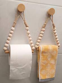 No Drill Solid Wood Hanging Hook, Rope Crafted Toilet Paper Holder, Bathroom Tissue Roll Storage Rack, Woven Towel Rack - Khaki - View 1