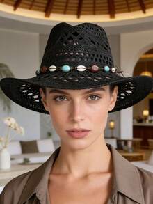 1pc Women's Hollow Woven Straw Hat, Denim Hat, Panama Hat, Beach Hat, Suitable For Outings, Vacations, And Beach Use In Summer - A - View 2