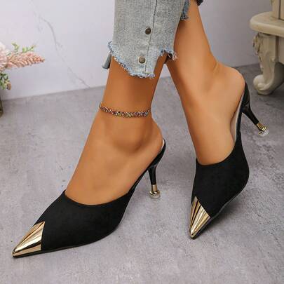 Women's Pointed Toe Mule Slippers, Mid Heel, Low Vamp, Backless, Elegant French Style Metal Toe Sandals For Summer