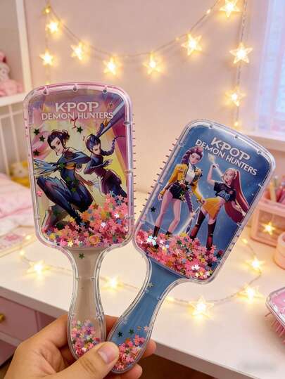 (Random 1pc) K-POP Girl Group Square Air Cushion Hair Brush, Cartoon High-Gloss Long Handle Glitter Filled Hair Brush - Cute & Fashionable Beauty Lover's Gift, Helps Detangle Hair And Scalp Massage