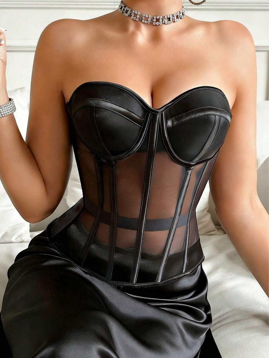 1pc Sheer Mesh Wrap Bustier Top, Sexy Strapless Satin Lace-Up Bodysuit Crop Top, Suitable For Women's Outings/Halloween Party - Black - View 1