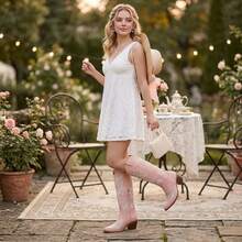 Women's Pearl Embroidered Chunky Heel Cowboy Boots, Pink Square Toe Mid Calf With Zipper  Western Wedding Style    Embroidery    Embroidered Boots For Women, Pearl Boots, Vintage Cowgirl Boots, Retro Western Footwear  Party  Wedding    All Seasons - 粉色 - 查看 13