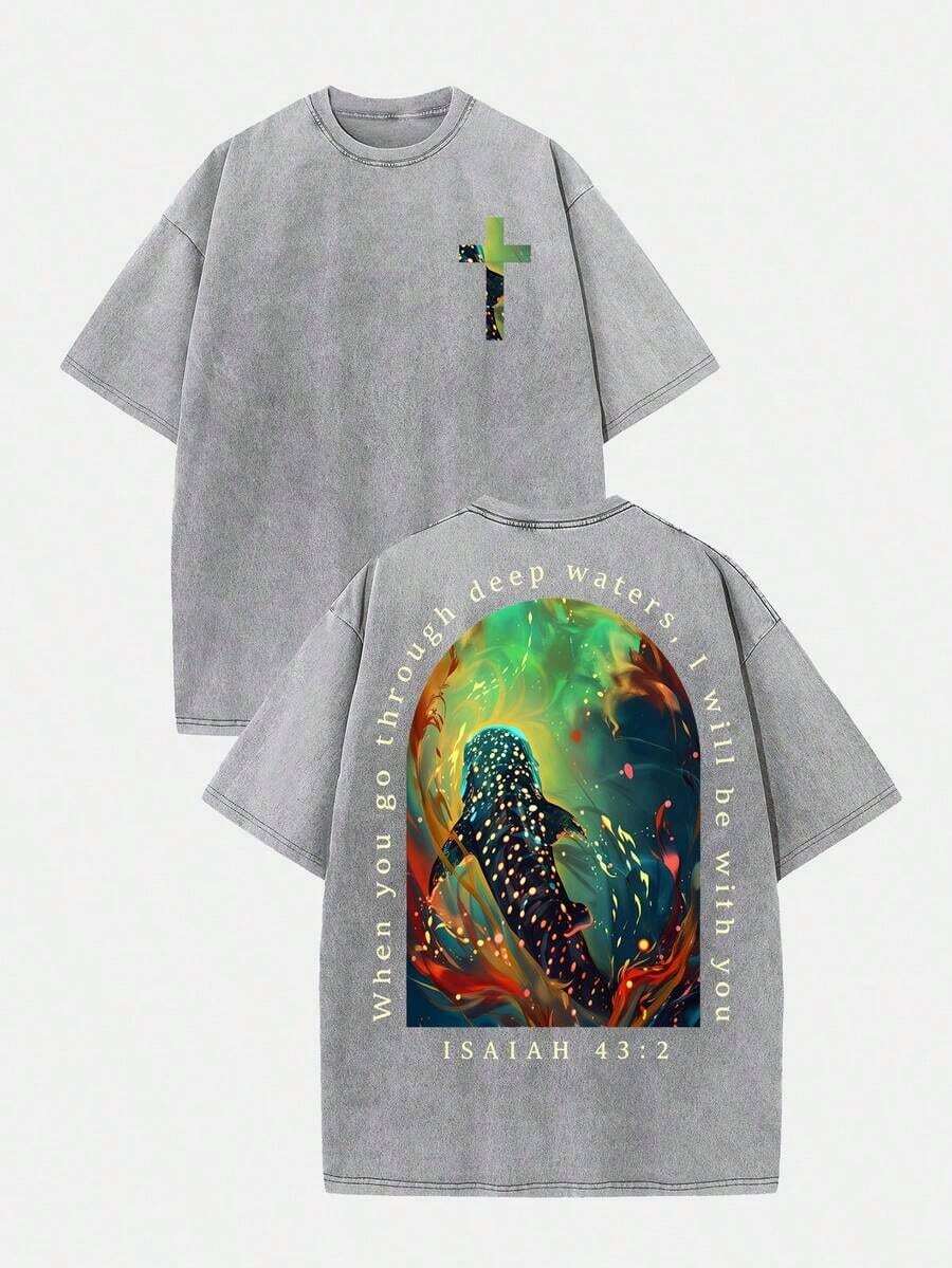 2026 Summer Clothes(230g T-Shirt) Loose Washed Cotton "When You Go Through Deep Waters" Turtle Graphic T-Shirt, Comfortable Christian Faith Tee With - 灰色 3 - 查看 1