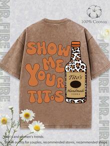ShowME YOU TITO'S "Playful Slogan Outfit, Vintage And Fun Style Tito's Vodka Bottle Illustration T-Shirt, Leopard Print Tito's Bottle" Handmade VODKA "Outfit Women's Printed T-Shirts, Fun Printed T-Shirts, Men's Printed T-Shirts, And 100% Cotton T-Shirts Are All Designed Specifically For Young People And Fashion Enthusiasts. Very Suitable For Casual Wear And Street Style. It Is An Excellent Gift For Friends And Family. - Coffee Brown - View 2